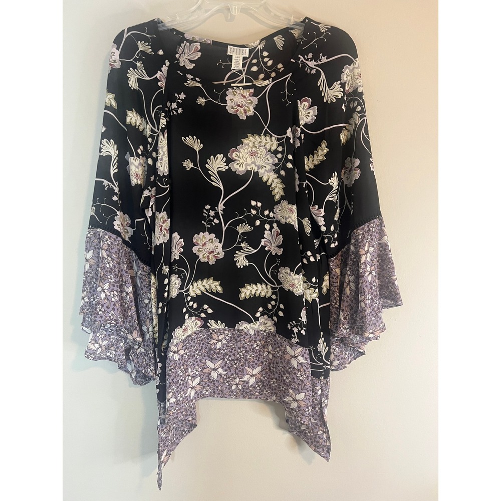 Spense Floral Sharkbite Hem Blouse Tiered Bell Sleeve Black Lavender Large NWT